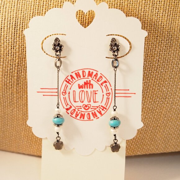 Long Howlite Turquoise Earrings Boho Dangle Pierced or Clip-on Earrings - Picture 2 of 8